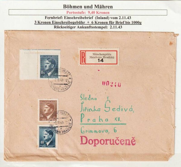 B&M MiNr. 106, 95, 91 auf portogerechten R-Brief im Fernverkehr 2.XI.43