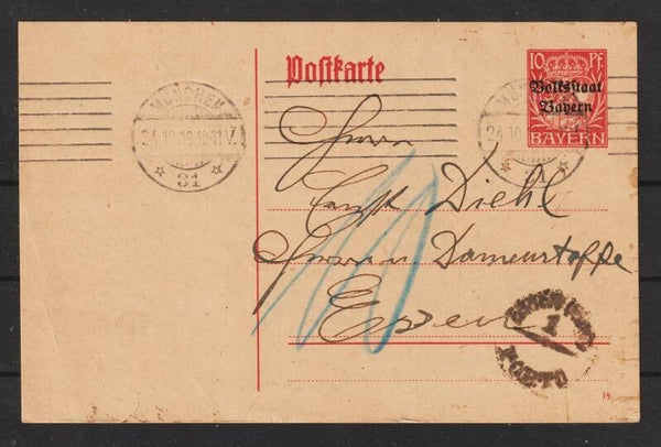 Ganzsachenkarte P 107 vom 24.10.19, Portokontrolle (b314)