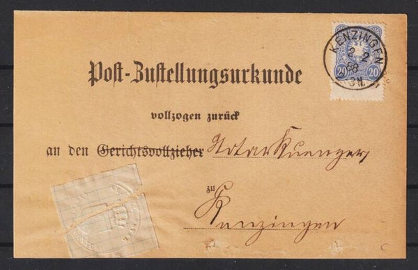 MiNr. 42 Post-Zustellurkunde, KENZINGEN (b323)