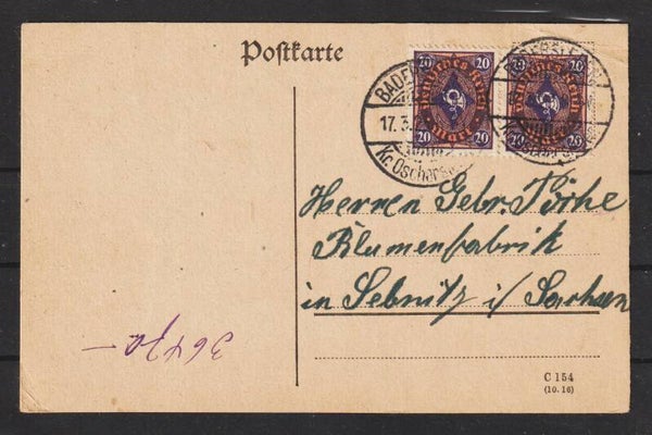 MiNr. 207 W Paar, portogerechte Postkarte, BADERSLEBEN 17.3.23  (b323)