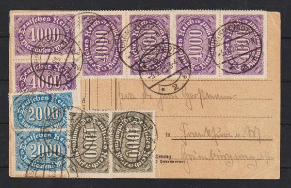 MiNr. 252 (2x), 253 (2x), 255 (6x) auf Postkarte  DARMSTADT 3.9.23  (b332)