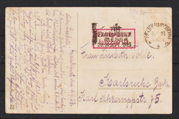 "Gebühr bezahlt" auf Postkarte  FRANKFURT 3.9.23  (b332)