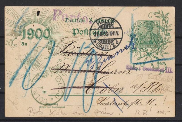 Ganzsache P 43, grüner Cöln (Rhein) Porto Stempel (b427)