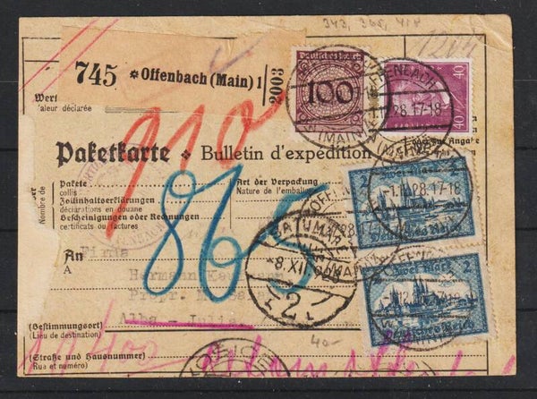 MiNr. 343, 365, 418 auf Paketkarte nach Romänien mit  (b433)