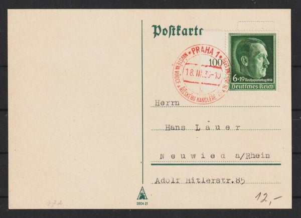 MiNr. 672 Postkarte mit roten Praha 1 Stempel  (b436)
