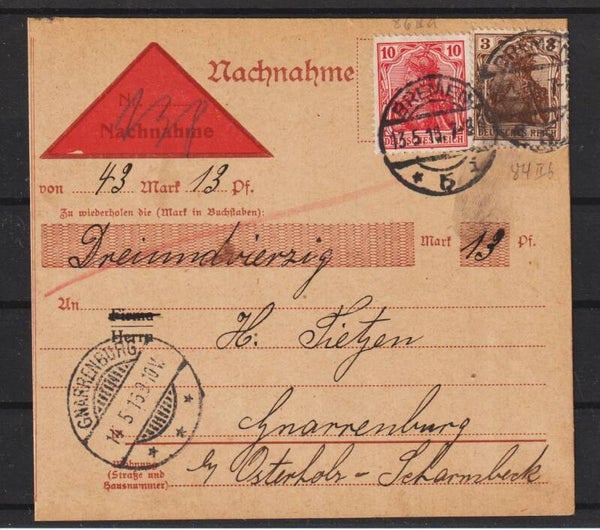 MiNr. 84 IIb auf Nachnahme Karte, BREMEN 13.5.16 (b463)