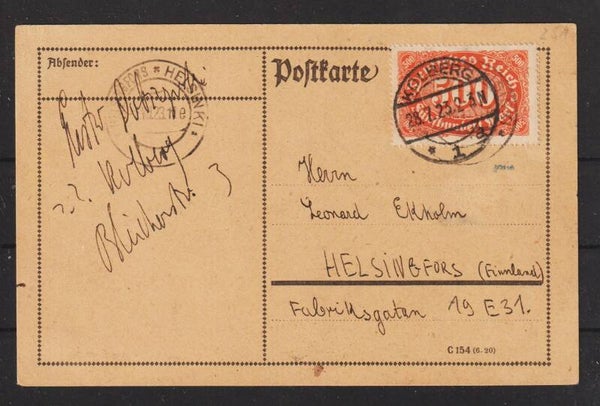 MiNr. 251 Einzelfrankatur auf Postkarte nach Finnland, geprüft   (b464)