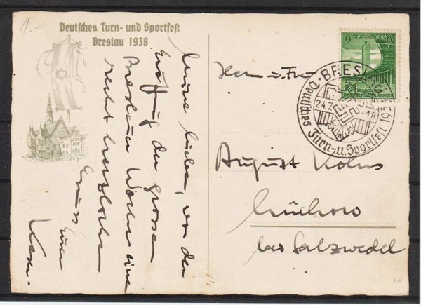 MiNr. 666 auf Propaganda Karte "Deutsches Turn- und Sportfest Breslau" (b471)