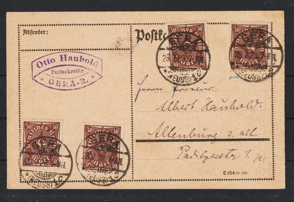 MiNr. 208 W (4x) auf portogerechter Postkarte, geprüft (b499)