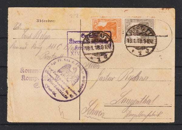 S 13 (MiNr. 98, 99) EF auf Postkarte in die Schweiz, Zenurstempel  (b510)