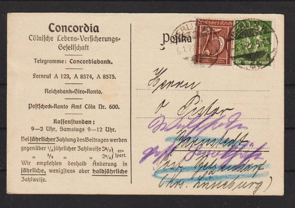MiNr. 161, 167 auf Postkarte, Concordia, Kölnische Lebensversicherungs Gesellschaft   (b519)