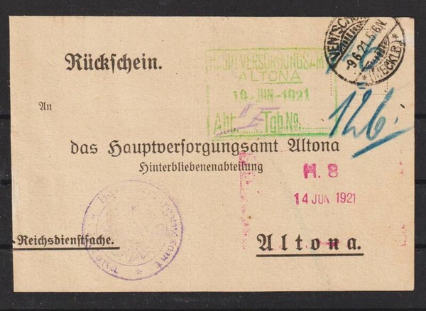 Post Rückschein, Hauptversorgungsamt Altona, 9.6.21  (b561)