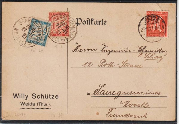 MiNr. 163 PK nach Sarreguemines, Nachfrankiert  (b573)