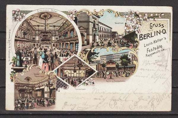 MiNr. 46 auf Litho "Gruss aus Berlin-O., Louis Kellers Festsäle Koppenstr. 29"  (b574)