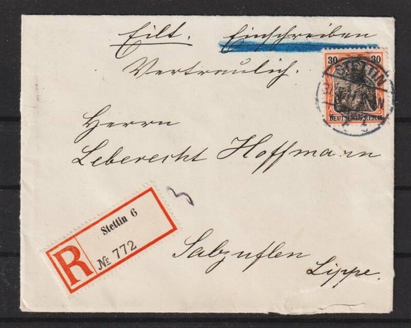 MiNr. 89 I Einzelfrankatur, portogerechter R Brief  STETTIN  (b575)