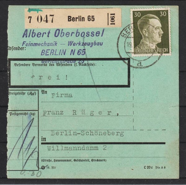 MiNr. 794 Einzelfrankatur auf Paketkarte (b612)