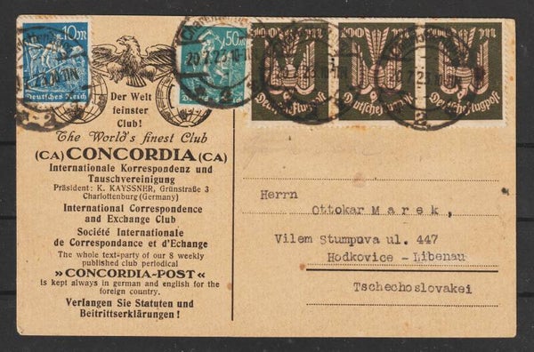 MiNr. 245, 237 (3x) 239 auf Postkarte Tschechoslowakei, 20.7.23  geprüft (b618)