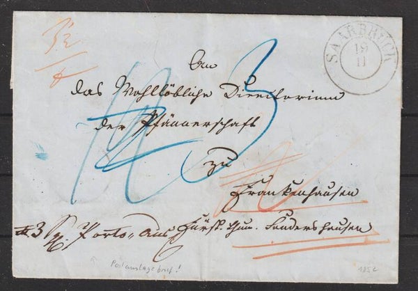 Postauslage Brief Zweikreisstempel: SAARBRÜCK 19.11. (1852)   (b220)
