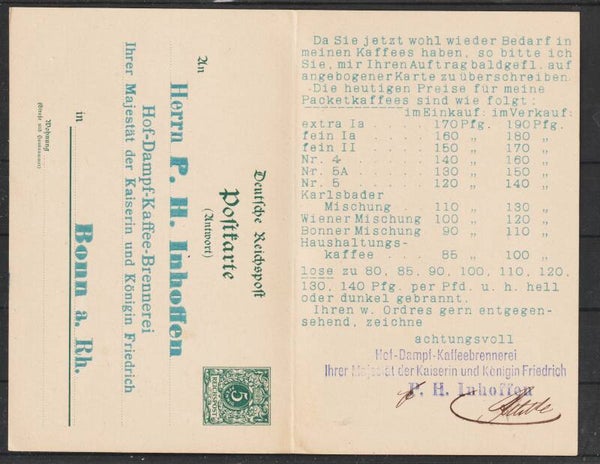 Ganzsache PP 9  "P.H.Inhoffen, Hof-Dampf-Kaffee-Brennerei, Bonn" (s23152)