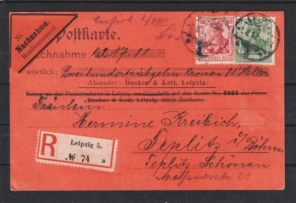 MiNr. 85 I, 86 I auf Nachnahme R-Postkarte vom 1.8.12 (b646)