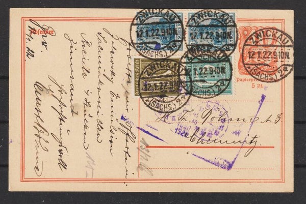 Ganzsache P 141 mit ZuF,  ZWICKAU  12.1.22    (b657)