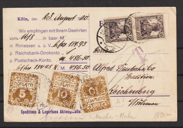 Postkarte nach Böhmen, 25 Doplatit nachfrankiert 23.8.20  (b680)