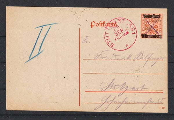 Ganzsache Postkarte DP 48 mit roten Franko Stempel STUTTGART No 1  (b685)