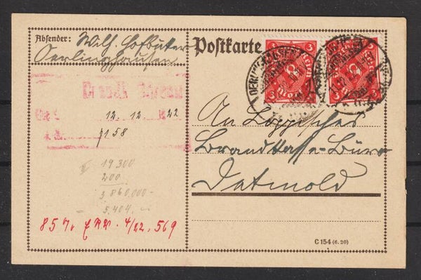 MiNr. 225 (2x) auf Postkarte OERLINGHAUSEN 11.12.22 (b704)