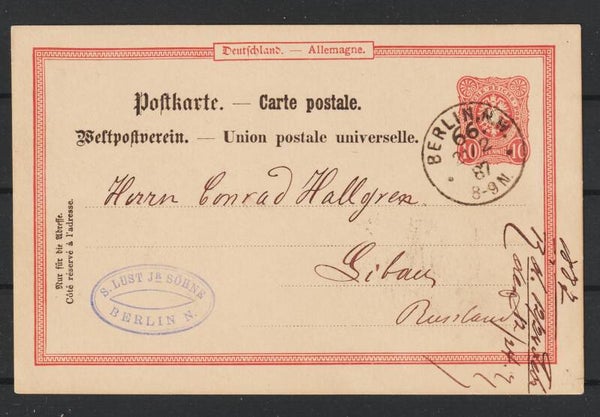 Ganzsache Postkarte P 8 von Berlin nach Libau (Russland/Lettland) 21.2.87 (b708)
