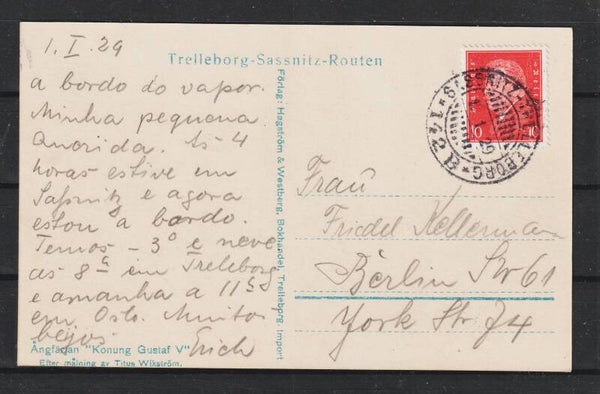 MiNr. 413 Postkarte, Bordstempel: SASSNITZ-TRELLEBORG 142B  1.1.29   (b722)