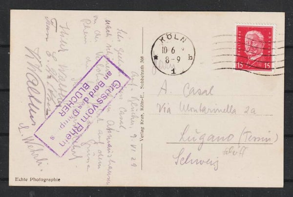 MiNr. 414 Postkarte, Bordstempel: "An Bord des Dampfers Blücher" KÖLN 10.6.29  (b722)