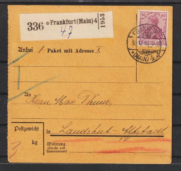 MiNr. 92 a Einzelfrankatur auf Paketkarte  30.12.16  (b734)