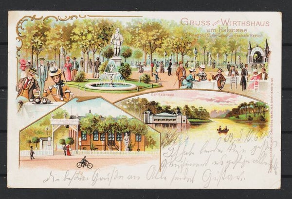 MiNr. 52 EF, Litho Postkarte "Gruss vom Wirtshaus am Halensee" Berlin   (b737)