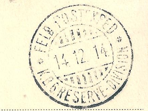 Feldpostkarte "FELD POSTEXPED. K.R.6 RESERVE-DIVIDION"  14.12.14 (b738)