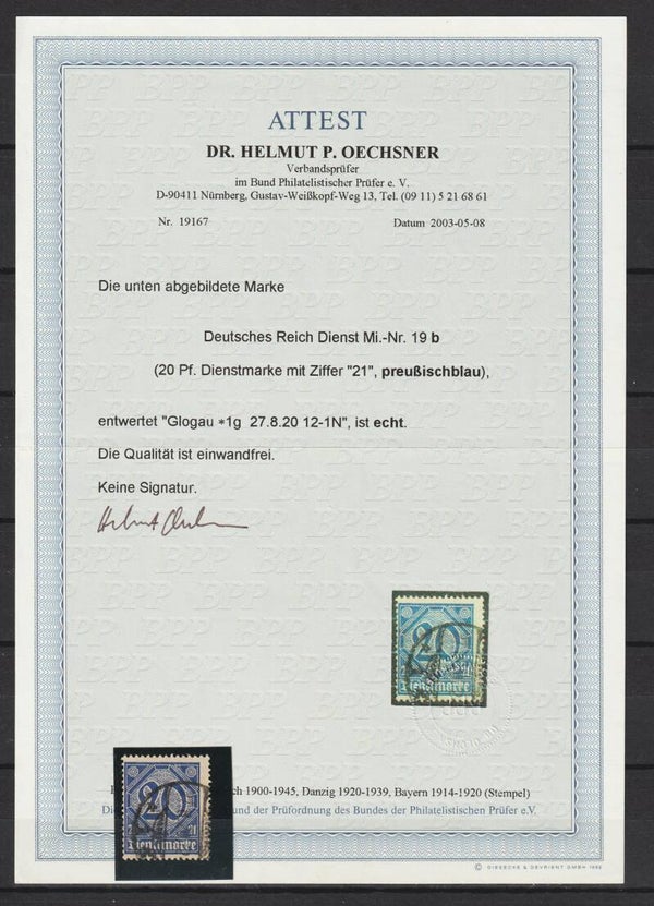 MiNr. D 19 b gestempelt, Attest, einwandfrei, einwandfrei