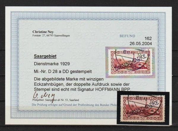 Saar MiNr. D 28 DD gestempelt, Befund Ney BPP