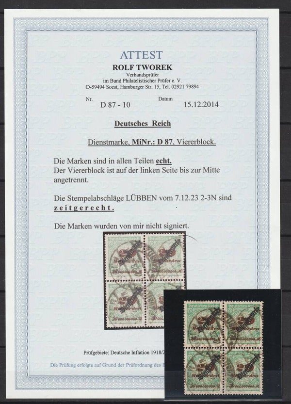 MiNr D 87 Viererblock Attest Tworek BPP, Echt, ..- Marken einwandfrei