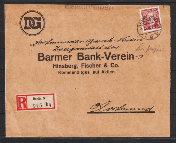 MiNr. 362 auf R-Brief "Disconto Gesellschaft" BERLIN 3.4.28, Vignette   (hs)