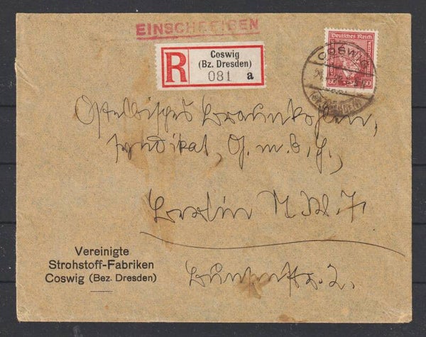 MiNr. 362 auf R-Brief "Vereingte Strohstoff Fabriken" COSWIG  24.9.28    (hs)