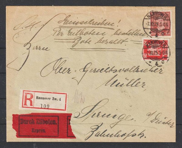 MiNr. 362 auf Eilboten R-Brief HANNOVER 7.10.25   (hs)
