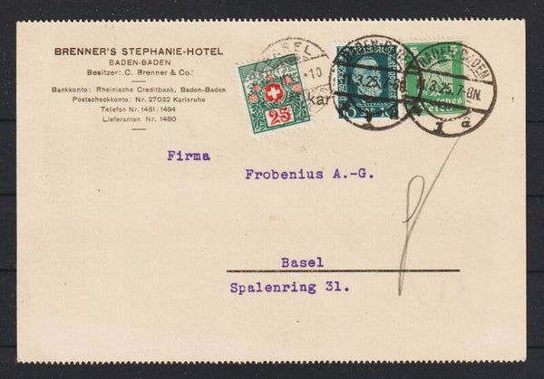 MiNr. 368, 356 auf Brief BADEN-BADEN .11.3.25, Schweizer Nachporto  (hs)