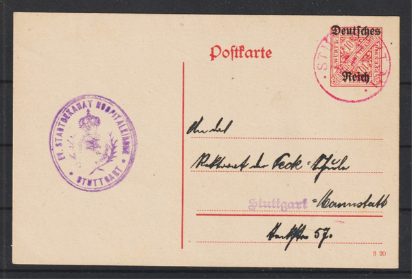 Ganzsache DP 14 / 01, roter Franko Stempel  STUTTGART No 1  (b685)