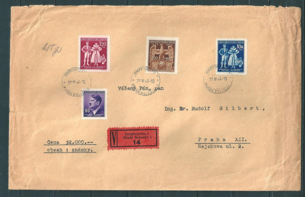 Portogerechter Wertbrief vom 27.III.44 von Jungbunzlau nach Prag