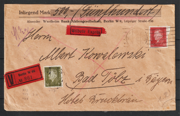 MiNr. 421, 417, 435 Eilboten Express Wertbrief V-Brief  31.7.30   (s30164)