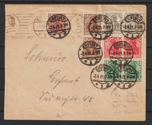 VB aus HBl. 27, 84 (2x), 98 (2x), 140 auf Brief ERFURT 7.4.21  (s24048)