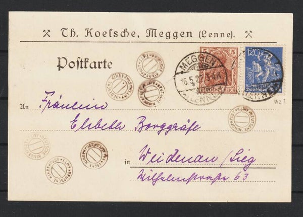 MiNr. 140, 168 Postkarte MEGGEN  16.5.22, geprüft  (s23006)