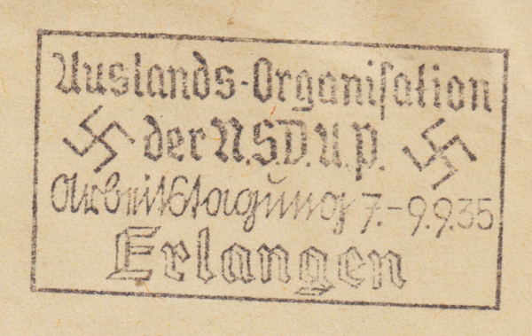 Stempel:  “Auslands-Organisation der NSDAP Arbeitstagung 7.-9.9.1935 Erlangen” (s23033)