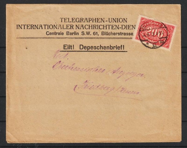 MiNr. 248 auf Drucksache, Depeschenbrief "Telegraphen-Union" BERLIN 4.8.23   (s23037)