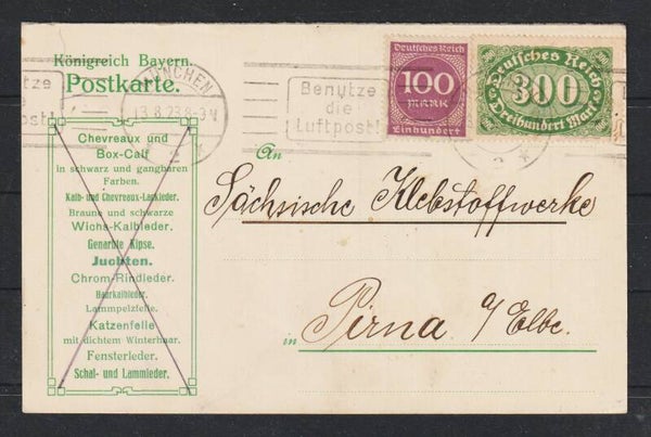 MiNr. 429, 268 auf Postkarte  MÜNCHEN 13.8.23   (s23037)