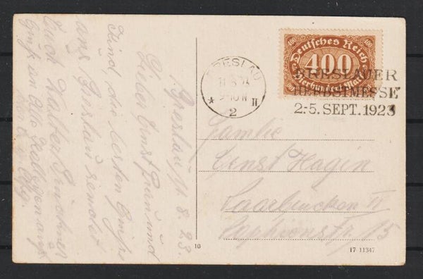 MiNr. 250 auf Ansichtskarte BRESLAU 11.8.23  (s23037)